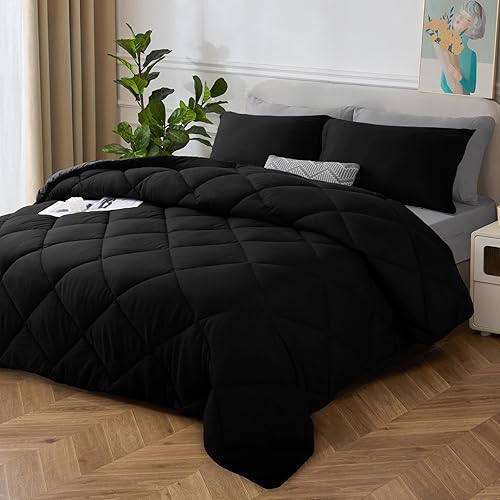 Miniatura 1 de HIG Juego de edredón reversible de 7 piezas tamaño Queen  Juego de ropa de cama alternativa acolchado negro para todas las estaciones, juegos de