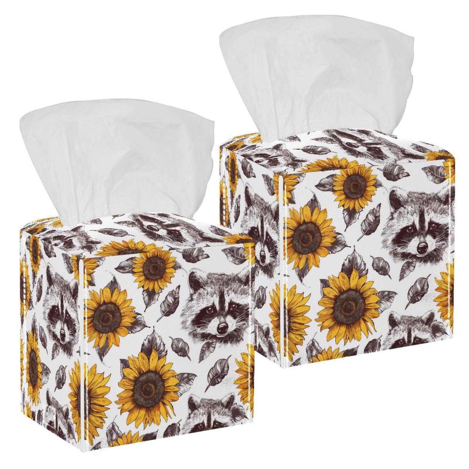 Raccoon Sunflowers Tissue Box Cover, 2 Pack PU Leather Square Facial Tissue Dispenser Box holder for Home Office Car