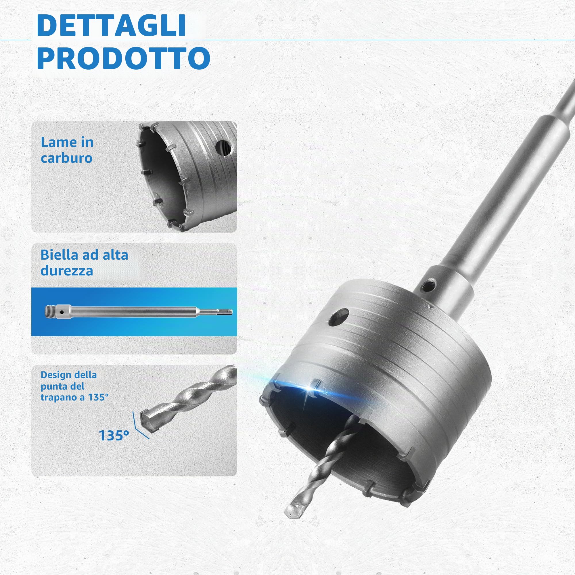 Set di 5 Carotatrice a Tazza Muro per Cemento SDS PLUS Set Seghe a Tazza Trapano Per Mattoni 30/40/50 mm con Impugnatura Rotonda da 350mm e Punte di Centraggio da 110mm per Muratura e Calcestruzzo