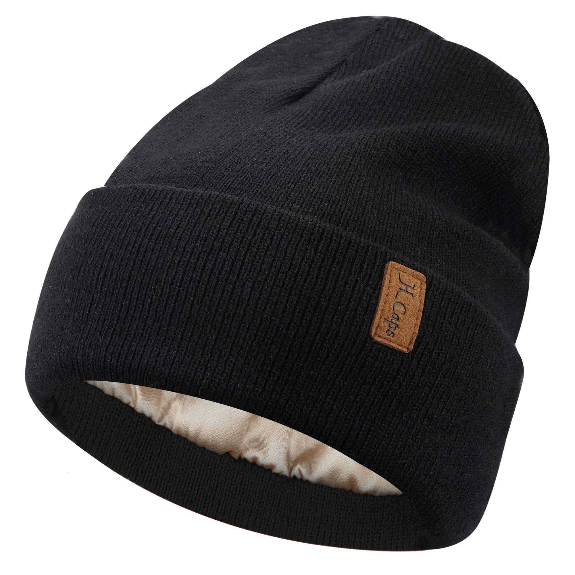 Womens Winter Warm Satin Lined Knit Beanie Hat Slouchy Skull Caps Silk Lining Ski Hats for Women Men