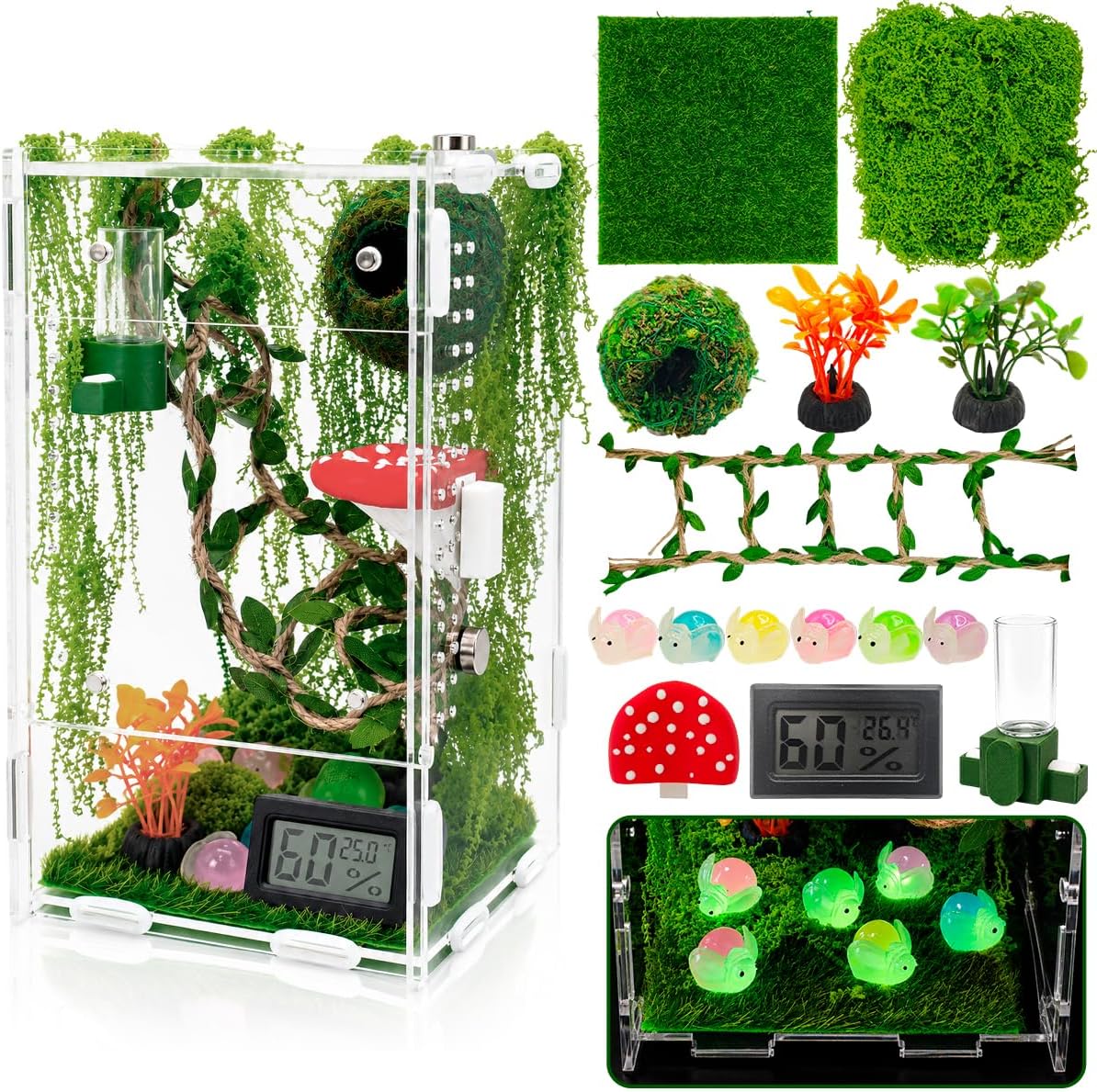 ALKB Jumping Spider Enclosure, DIY Acrylic Terrarium Kit | Requires Assembly, Small Insects Habitat, Escape Proof Reptile Terrariums, Temperature and Humidity Detector