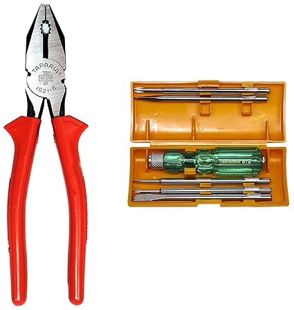 Taparia 1621-8 Steel (210mm) Combination Plier with Joint Cutter (Red & Black) & Taparia 812 Screw Driver Set with Neon Bulb, Silver & Green, 1 Piece