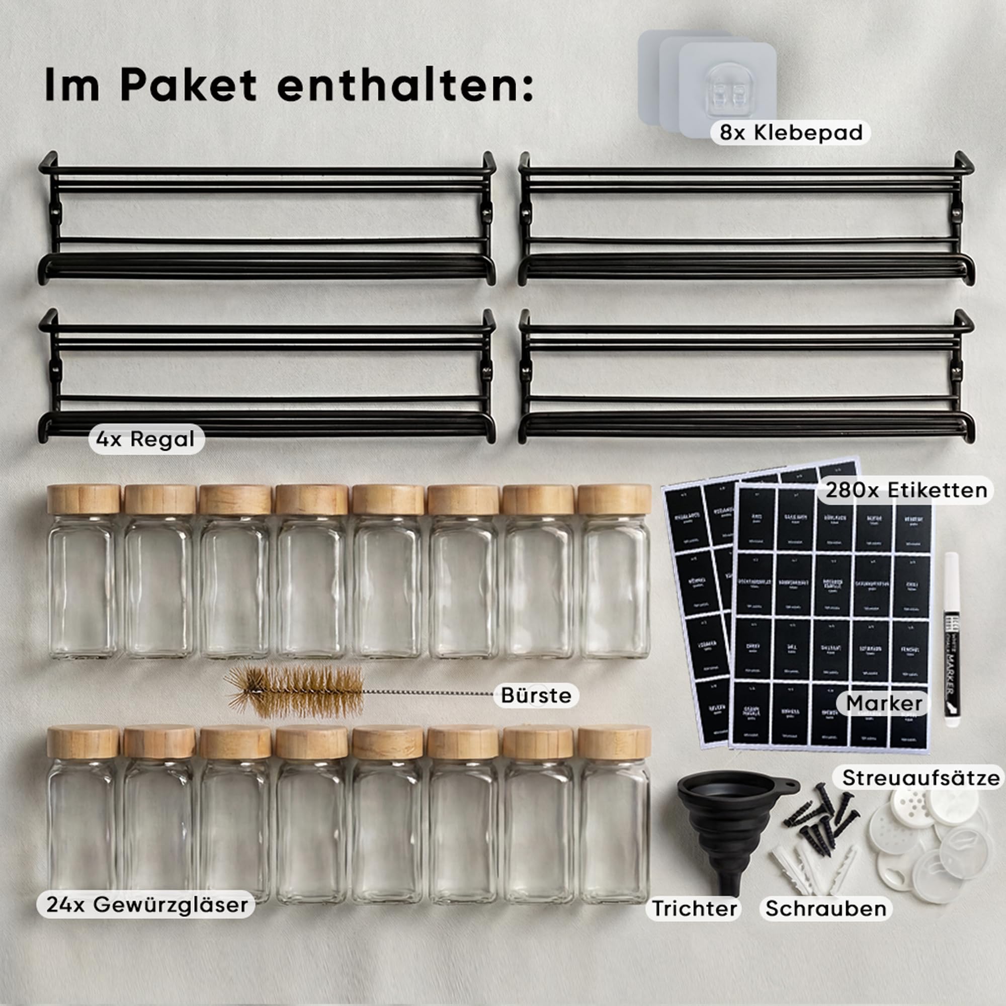 Deco haus® Gewürzregal Wand ohne Bohren [MIT 24 GEWÜRZGLÄSER & ETIKETTEN] - Gewürzregal Hängend 4er Set - Gewürzhalter Wand - Gewürzregale Schranktür zum Kleben - Spice Rack Organizer