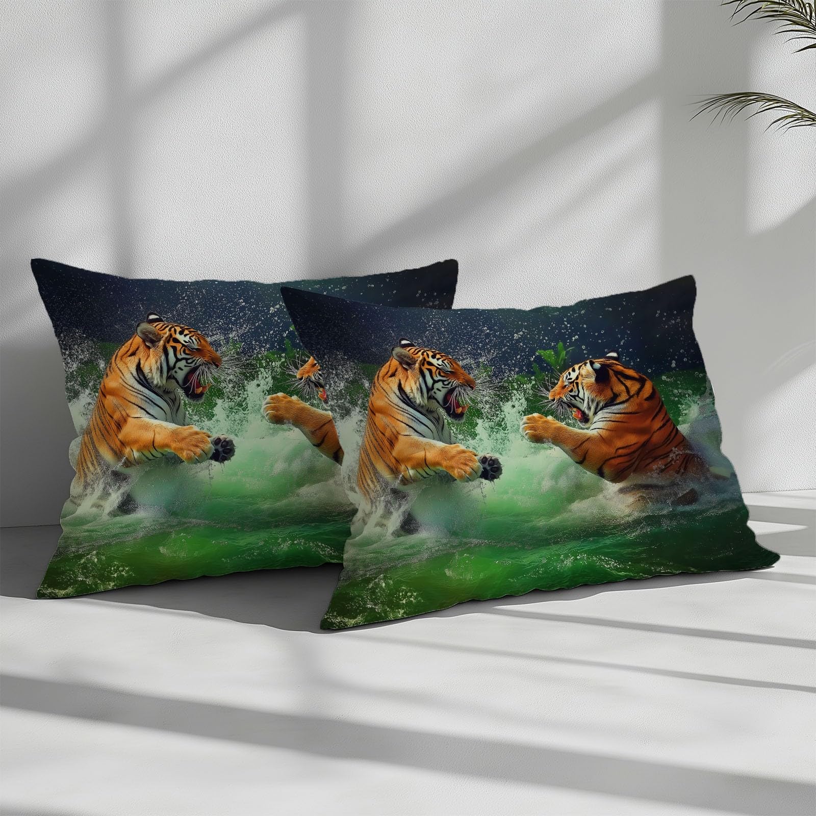 Générique Zielona poszwa na kołdrę 220x240 cm Zestaw pościeli z krajobrazem leśnym, tygrys zwierzę odwracalna wodospad poszwa na kołdrę - miękka i oddychająca antyalergiczna pościel z 2 poszewkami na