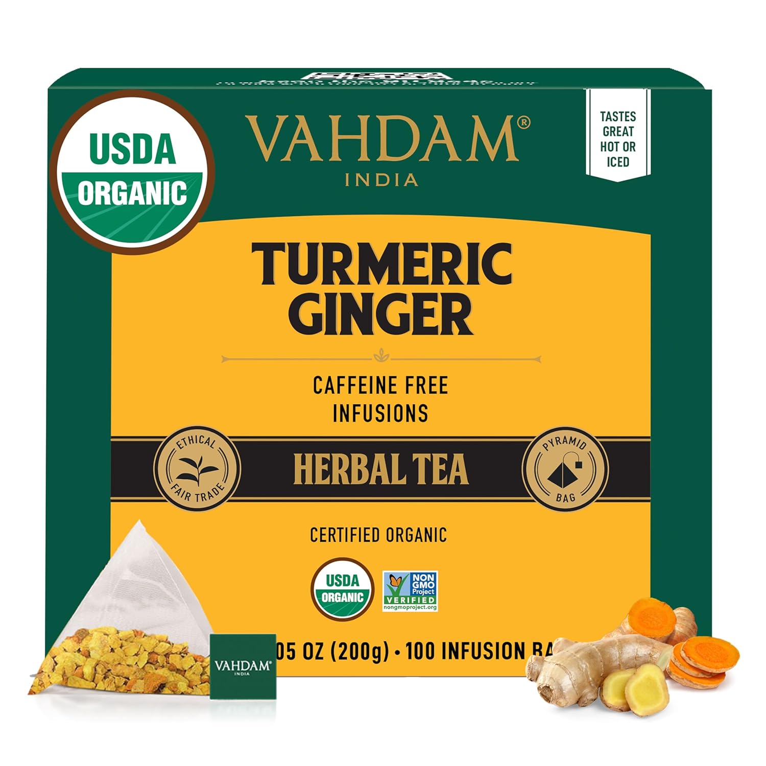 VAHDAM, Organic Turmeric Ginger Herbal Tea Bags (100 Pyramid Tea Bags) Caffeine Free, Non GMO | 100% Pure Herbal Blend – Savory & Spicy, Plant-Based Teabags | Resealable Ziplock Pouch