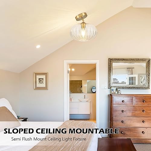 Miniatura 6 de Lámpara de techo semiempotrada dorada, lámpara de techo vintage, lámpara de techo vintage con globo de vidrio texturizado de mediados de siglo,