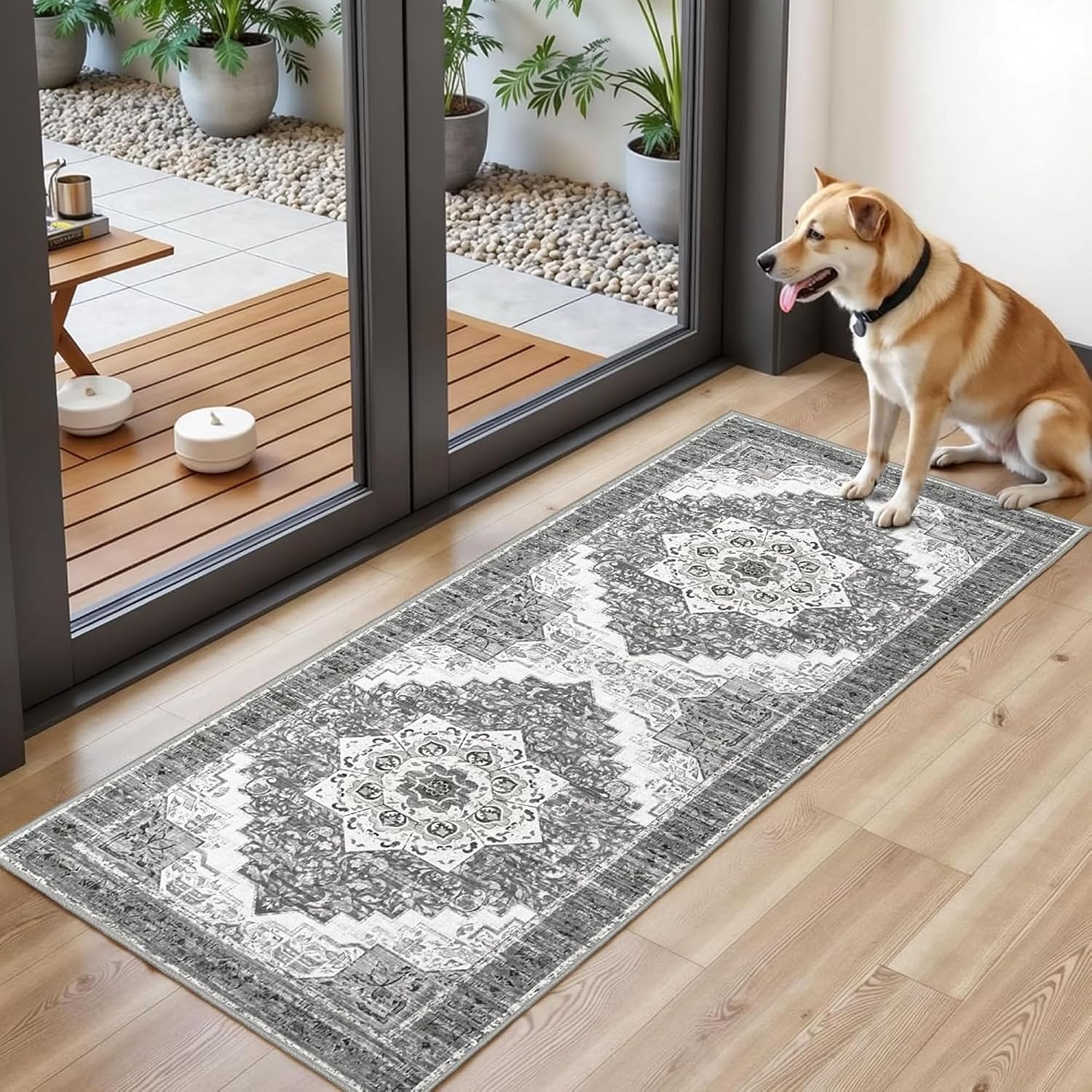 Tritard 100% Non Slip Kitchen Rugs Sets of 3 Washable Boho Kitchen Mats for Floor Vintage Farmhouse Kitchen Rug Soft Runner Rug for Hallway, Laundry Room, Indoor Entryway, Grey2