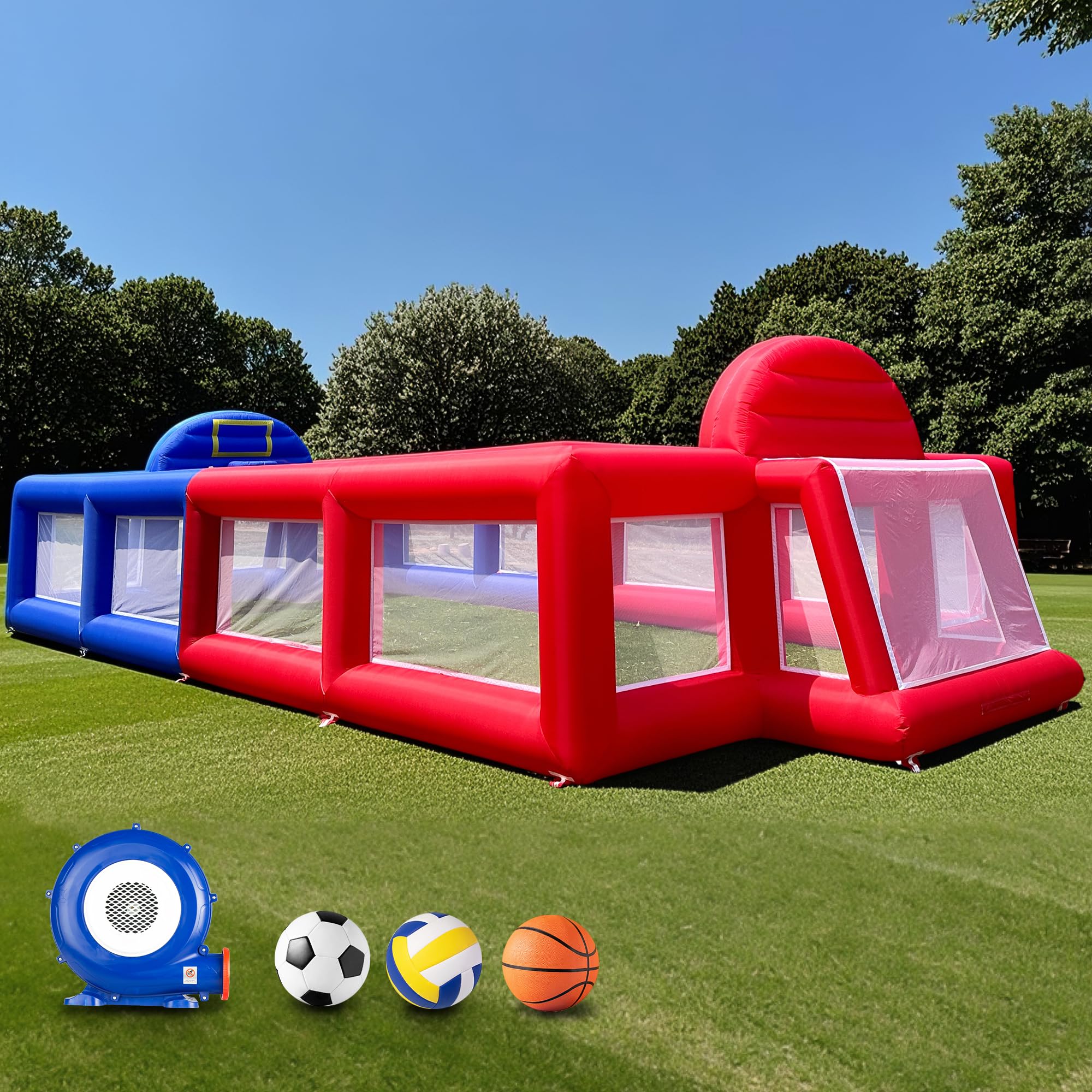 Wellcomer 40FT Inflatable Sport Court with Blower - Portable 3-in-1 Basketball, Soccer & Volleyball Field for Backyard, Community & Team Training,