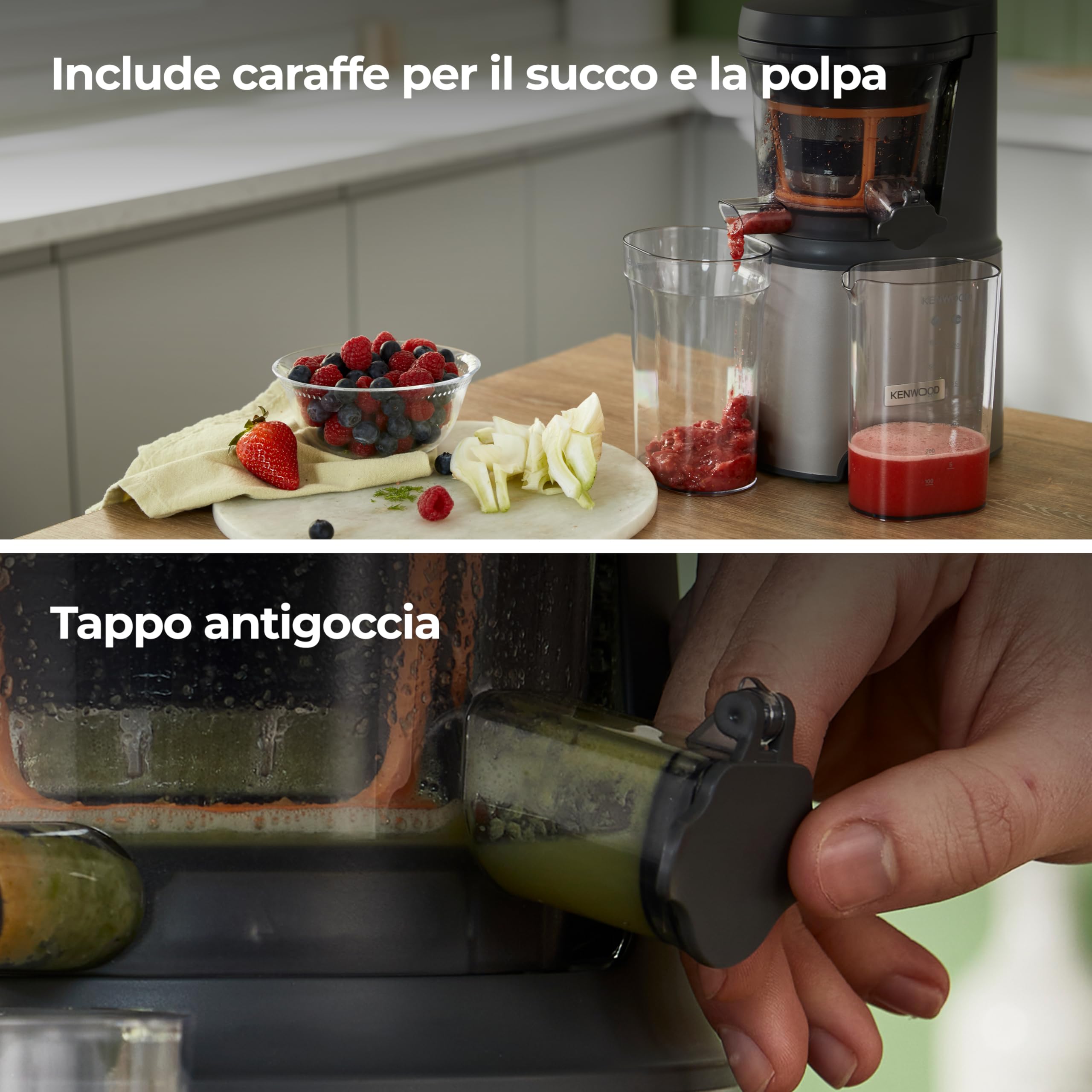 Kenwood PureJuice XL JMP85.​000SI, Estrattore Frutta e Verdura con Contenitore Polpa e Brocca per Succo, Tubo di Alimentazione XL, Tappo Antigoccia, Potenza 230W, Argento