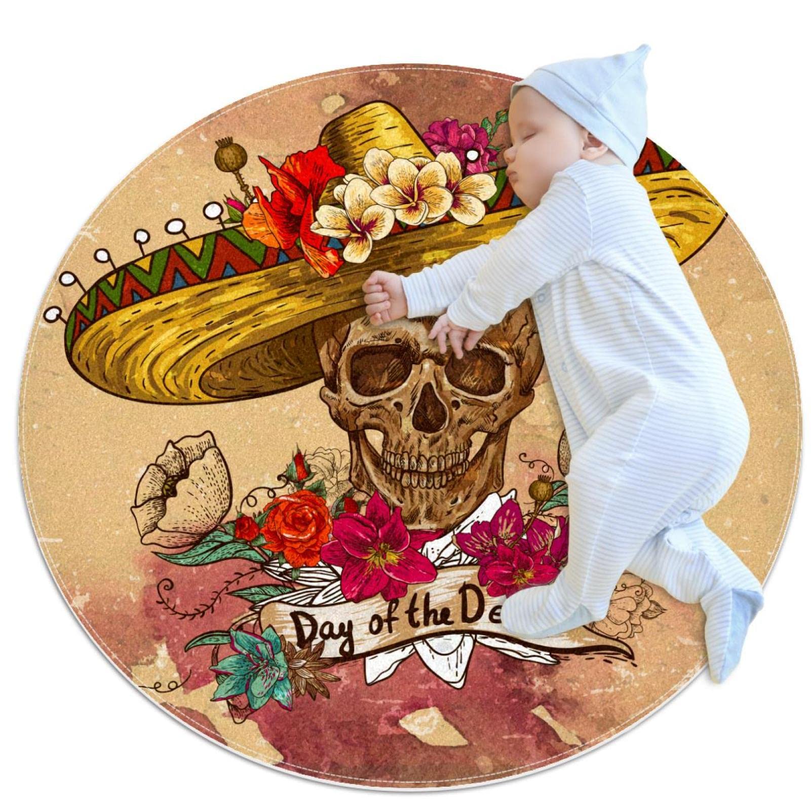 Tapis de salle de bain rond crâne fleurs sombrero chambre enfant 1m