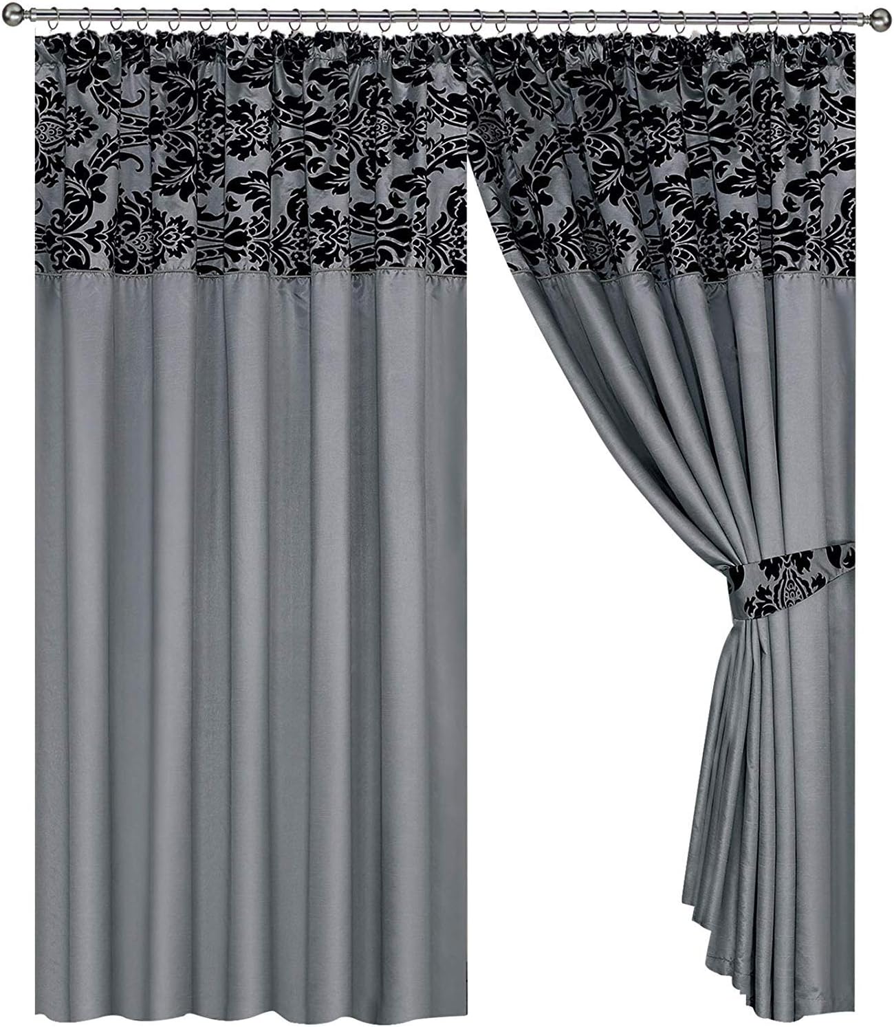 Half Flock With Plain Design Damask Pencil Pleat Curtains - Silver Grey Black (90" X 90" (230cm X 230cm))
