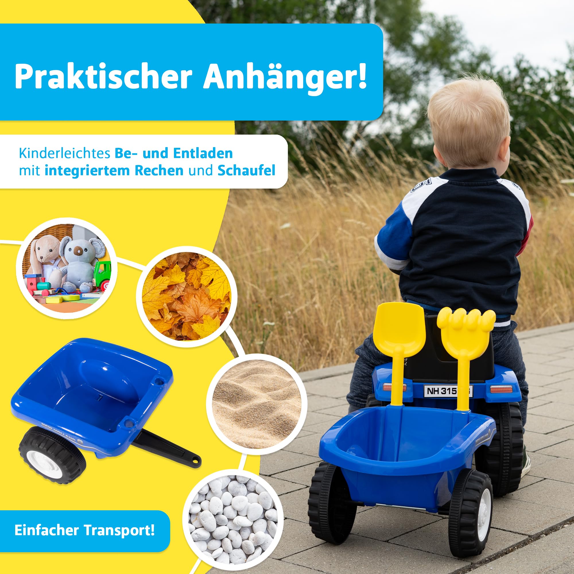 Lemodo Rutschauto Traktor New Holland blau ab 1 Jahr – Kindertraktor mit Anhänger, Schaufel & Rechen, Licht & Sound – Rutschfahrzeug für drinnen & draußen, Lizenziertes Kinderspielzeug, Geschenkidee