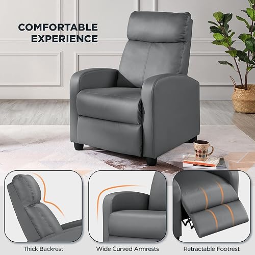 Miniatura 4 de Yaheetech Asiento de cine en casa, silla reclinable de piel sintética, moderna para sala de estar, sofá reclinable con bolsillo, color gris primavera