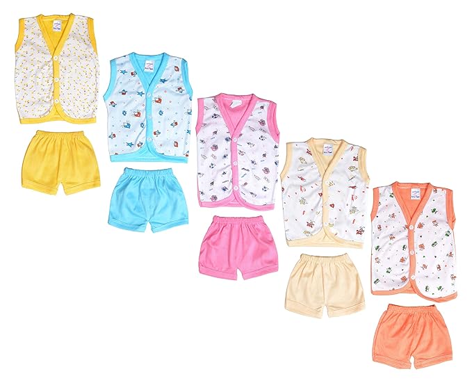 Sathiyas Set of 5 Printed Cotton Shirts and Shorts for 0-6 Months Babies (Multicolour, 0-6 Months,GW4PrntSleeveless)