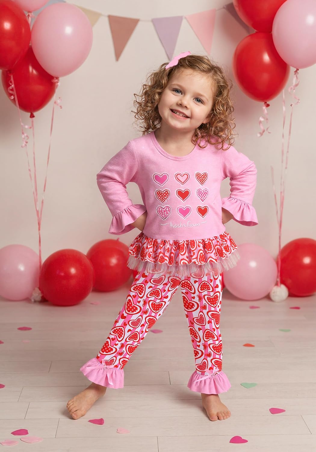 Toddler Girl Valentines Outfit Baby Ruffle Sleeve Shirt Flared Pant Set St Patricks Day Clothes - Image 2