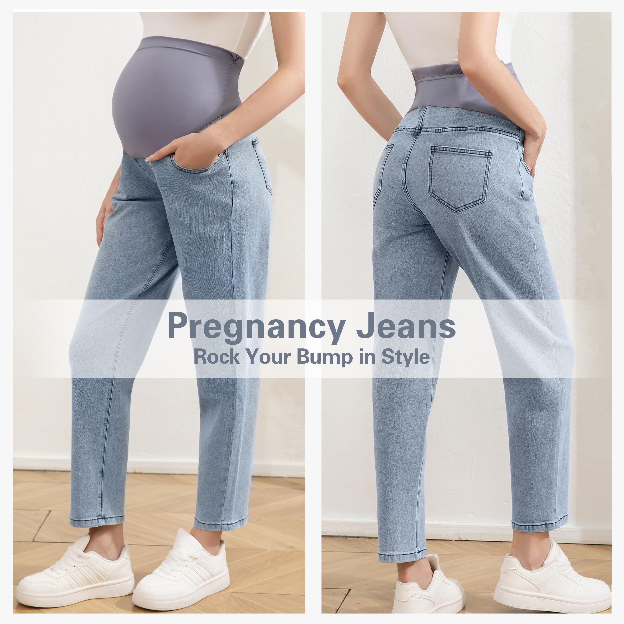 Jeans premaman da donna sopra la pancia, comodi jeans elasticizzati boyfriend, pantaloni larghi per gravidanza con tasche