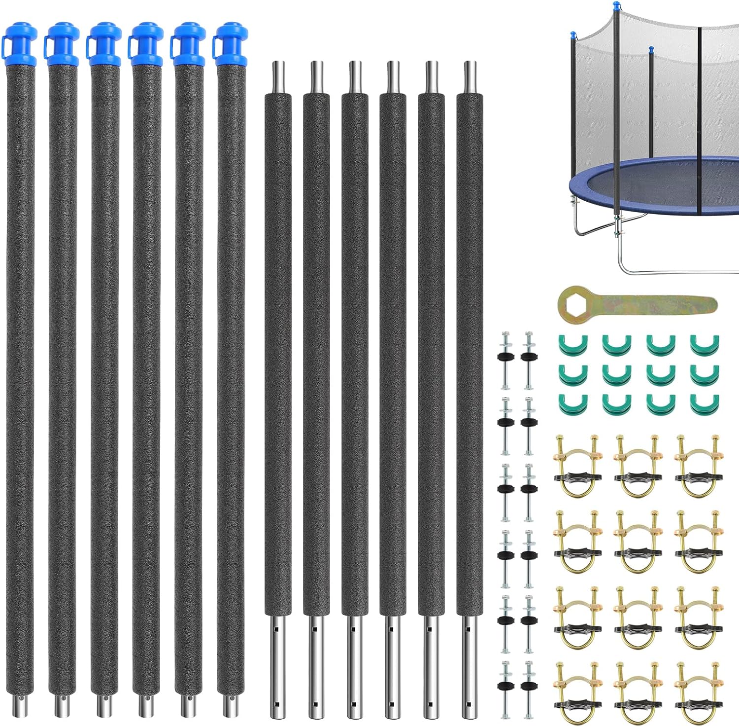 Straight Trampoline Replacement Poles: 6PCS Universal Poles Replacement Come with Clamps,Screws and Bolts,Plactic Caps,Fits 8-16FT Trampoline Frame