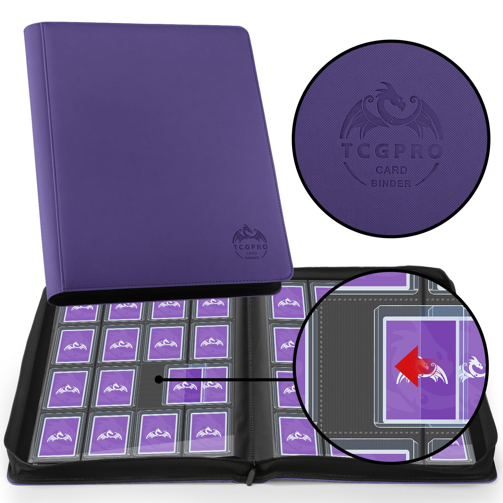 TCGPRO 16 Pocket Toploader Binder, for 640 3 x 4 Inch Trading Cards with Sleeves, Toploader Album 20 Double-Sided Pages, Compatible with Trading Card, Sports Cards etc. Purple