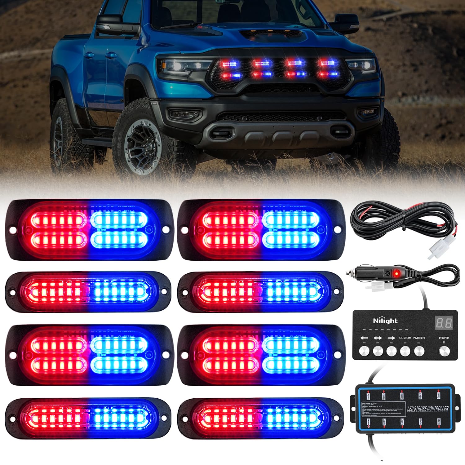 Nilight 8PCS Led Strobe Lights with Controller 12/24V Sync Feature Red Blue