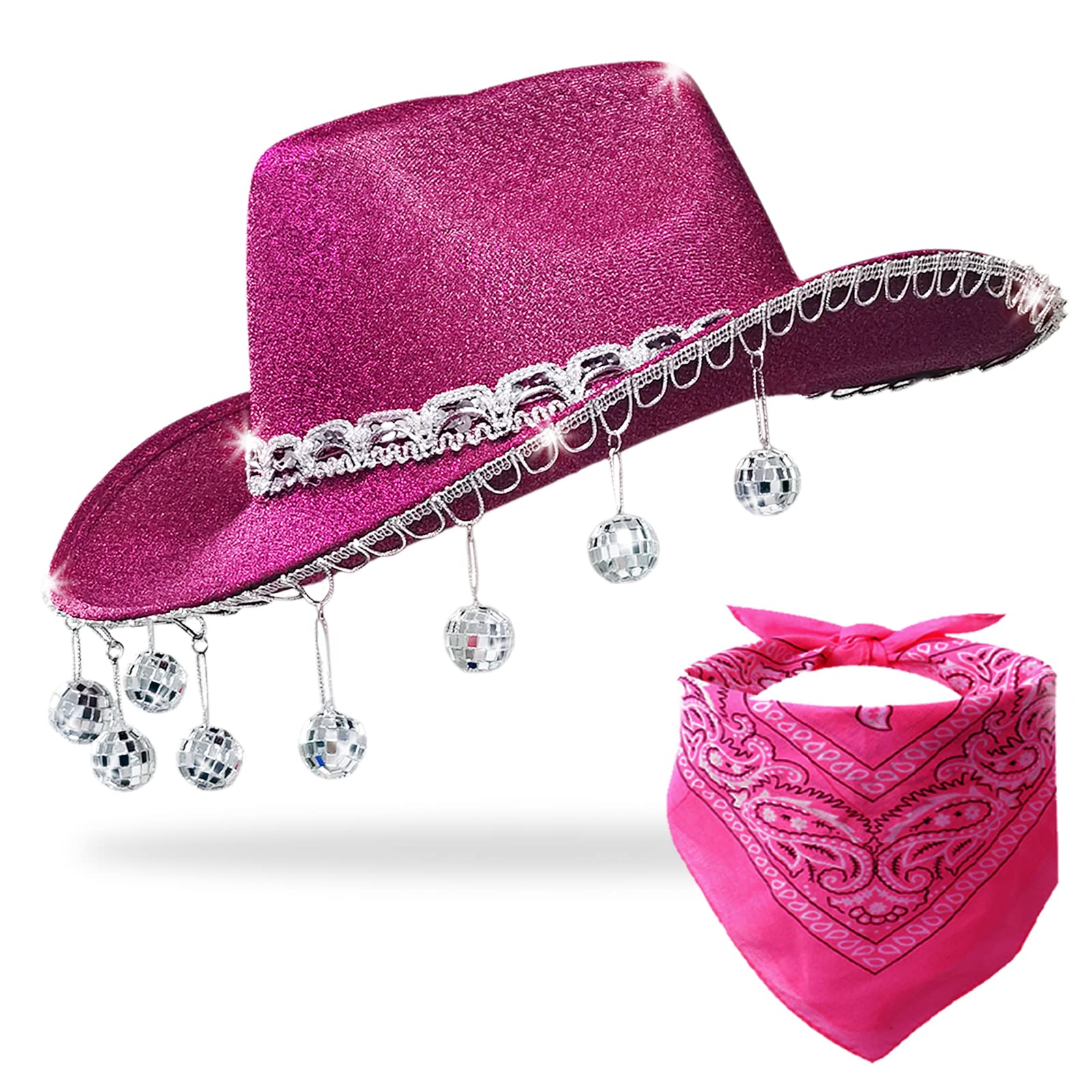 JIANGLAI Pink Disco Cowgirl Hat with Bandana,Glitter Rhinestone Disco Ball Cowboy Hat for Women Men Costume Cosplay