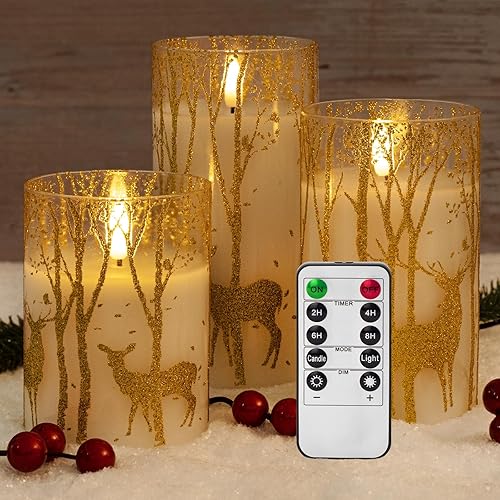 HN HAIINAA Velas de cristal de Navidad sin llama, copos de nieve con purpurina dorada, pilar parpadeante de cera real, velas con control remoto para