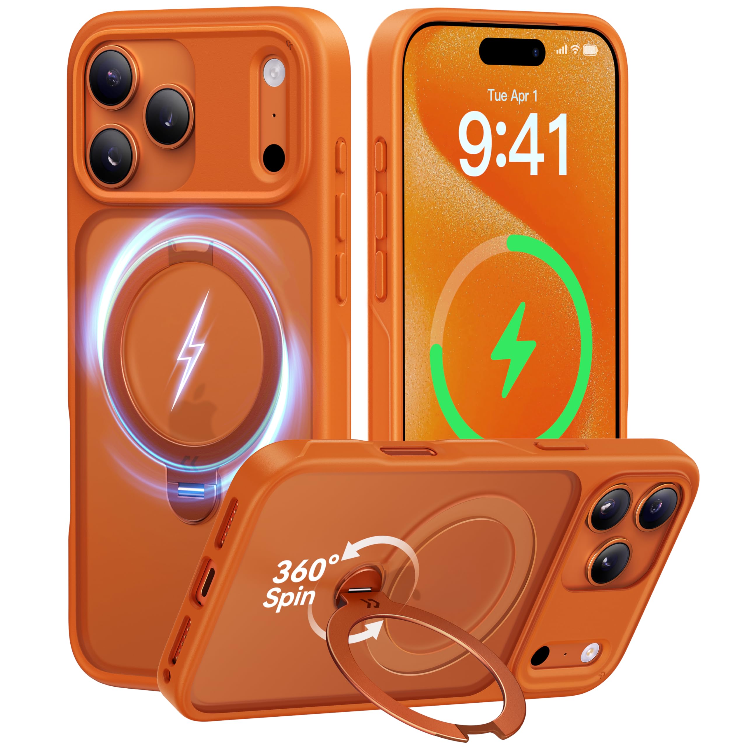 Photo 1 of CASEKOO Orange for 17 Pro Case with 360 Spin Magnetic Stand [Camera Protection] [18FT Military Grade Protection] [Fit for MagSafe] Ring Grip Slim Matte 17 Pro Case 6.3 Inch