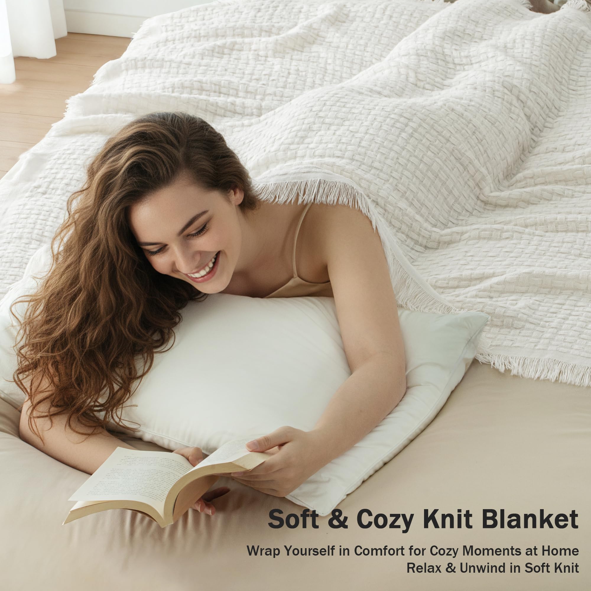 Exclusivo Mezcla Kuscheldecke Strickdecke mit Fransen, Weiche und Leichte Tagesdecke Bettüberwurf mit strukturierter Optik für Sommer, 130x150 cm, Elfenbein
