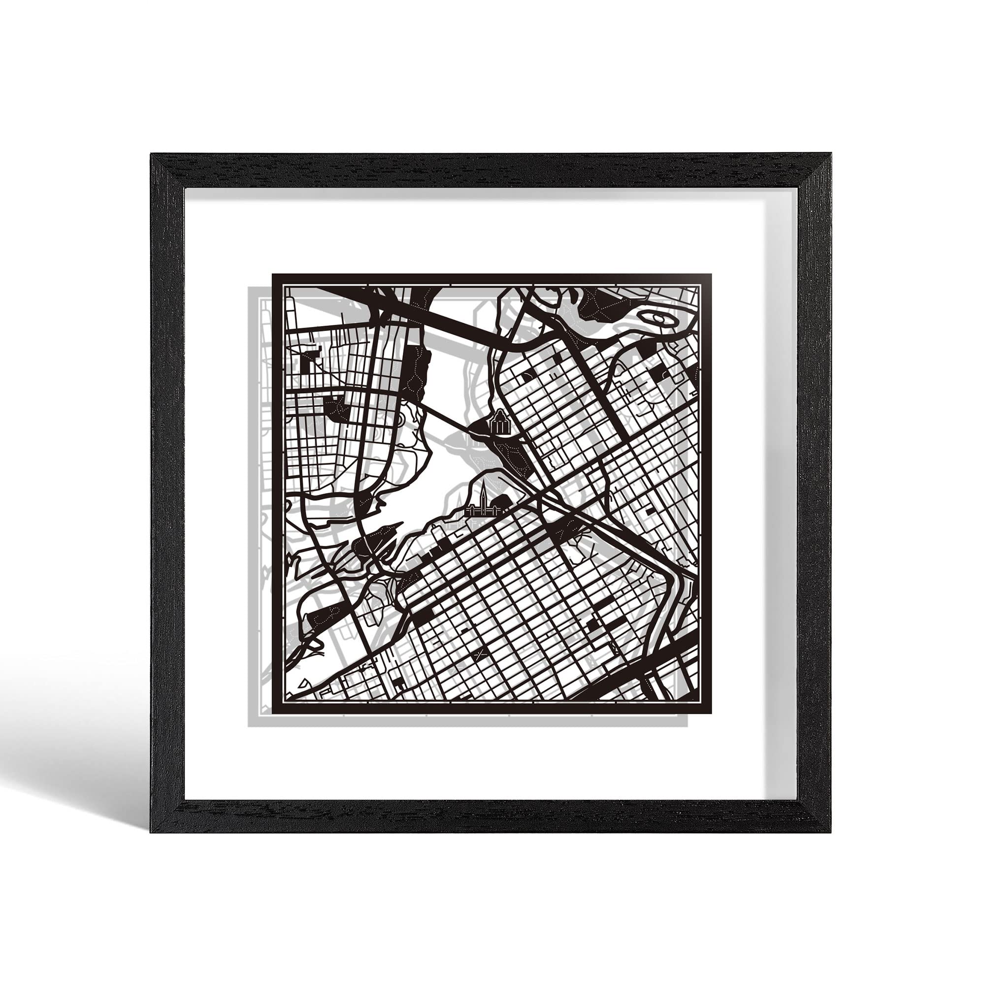 O3 DESIGN STUDIO Ottawa Paper Cut Map framed, Black map, Black frame, 9x9 inches, Gift Boxed, 2 background color, self-changing, Paper Art