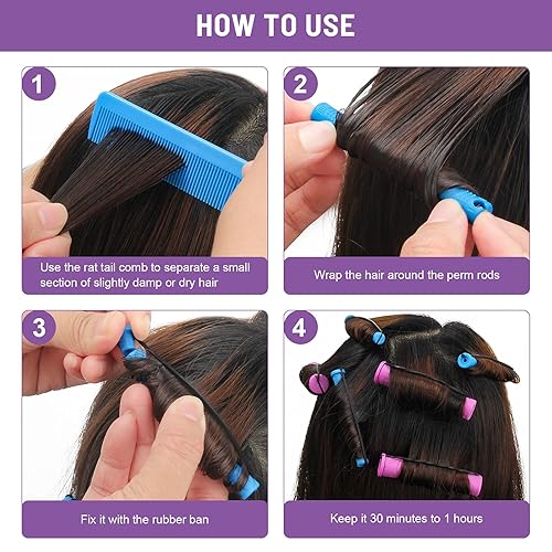 Miniatura 4 de AHIER - Juego de 62 varillas para rizar el cabello, 60 varillas cortas de onda fría de plástico, rizadores de pelo, 2 tamaños con 2 peines de cola