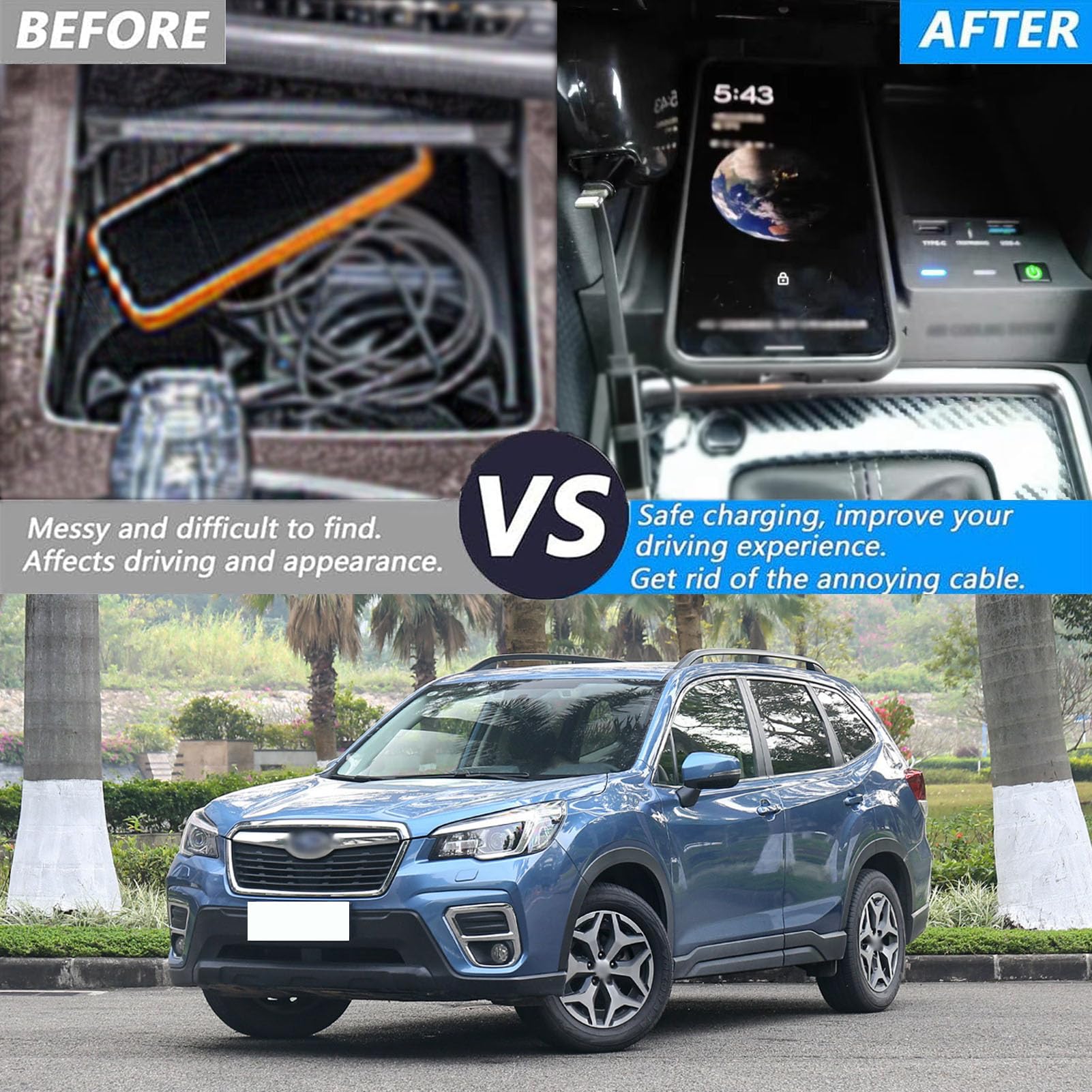 CenNa Caricabatteria per Auto Wireless per Subaru Forester (2019 2020 2021 2022 2023) Accessorio per Tutti I Modelli con Ricarica Rapida Wireless E USB Qc3.0 da 15 W Regalo per La Famiglia