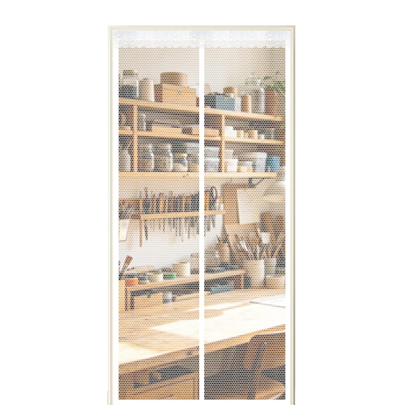 Screen Door 155 x 260 cm Self Sealing Powerful Magnets Magnetic Fly Screen Curtain with Powerful Magnets & Full Frame Magic Tape Suitable for Patio Doors Balcony Bedroom, White