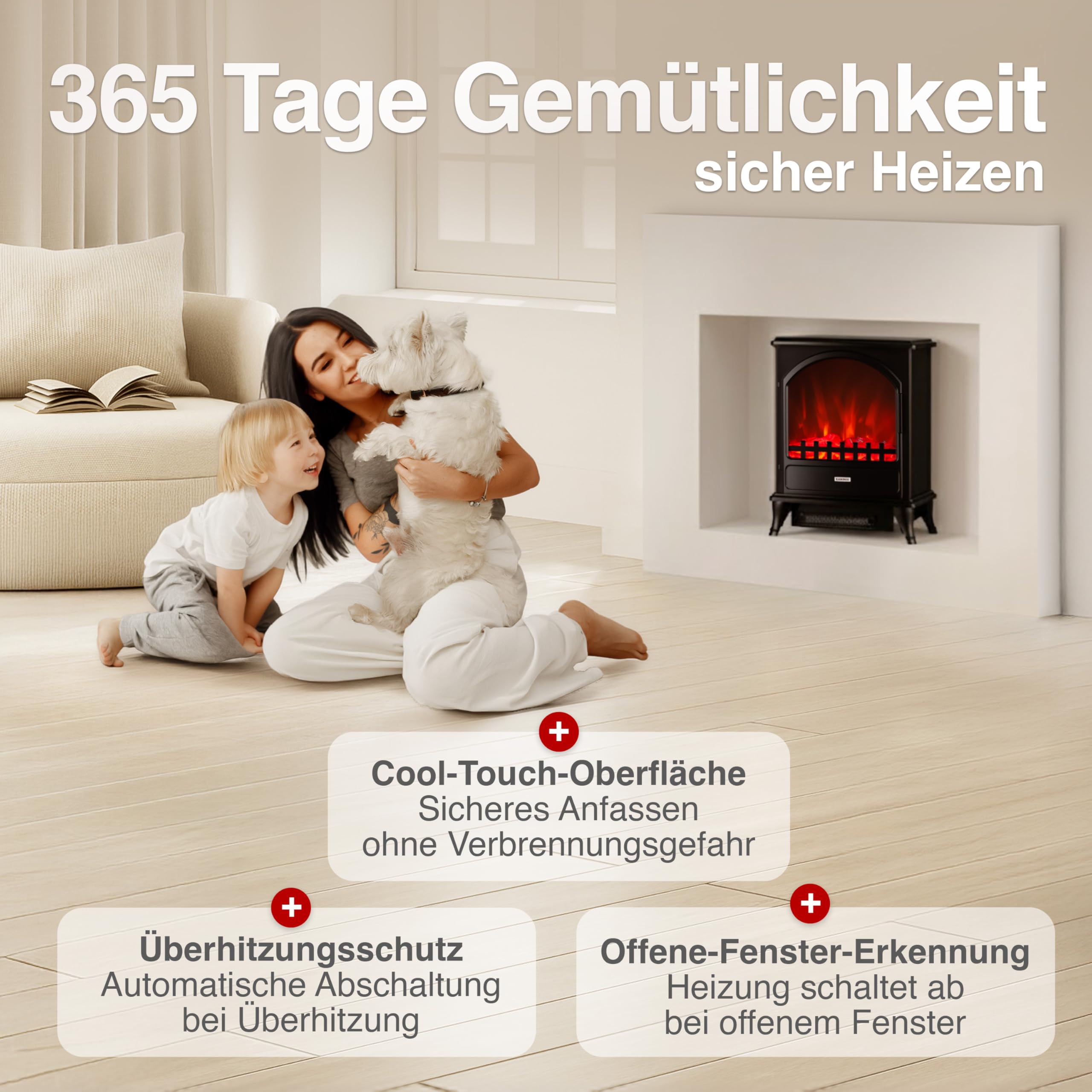 KAMINIO Elektrokamin Leni - Elektrischer Kaminofen mit Heizung, 3D-Flammeneffekt (Schwarz)