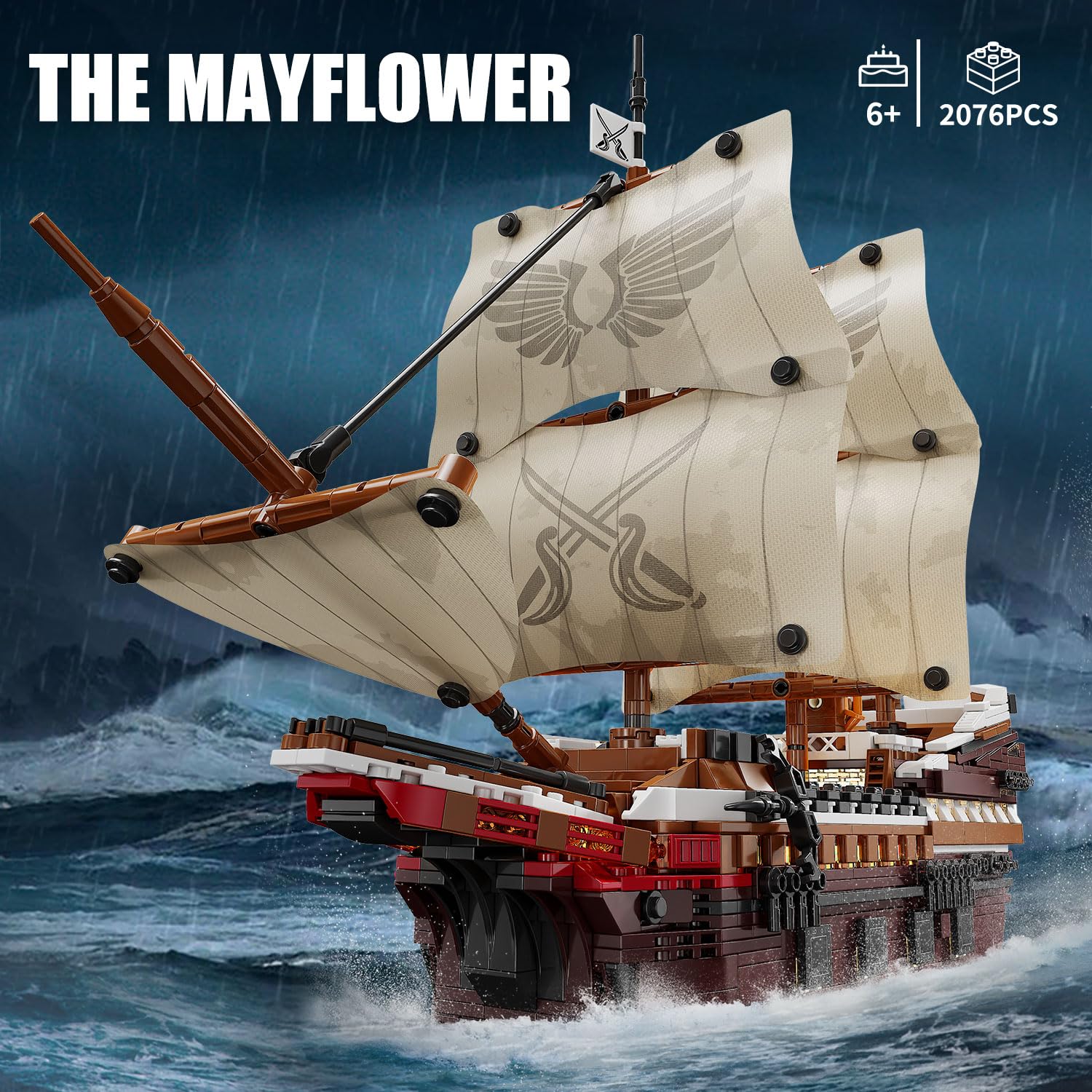 TYCOLE Juego de construcción de barco pirata con luces-Modelo de barco Mayflower de juguete,decoración para el hogar y la oficina,opción ideal para adultos y niños de 8 a 14 años regalo (2076 piezas)