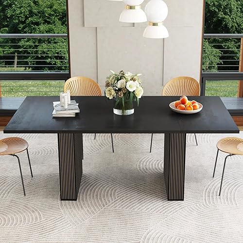 Miniatura 23 de Mesa de comedor de 78 pulgadas para 6, 8 y 10, moderna mesa de cocina rectangular de granja, mesas de comedor largas con base de tira de madera para