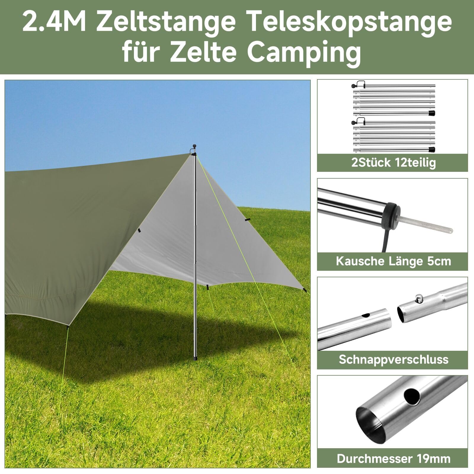 Tenda da Sole per Auto Impermeabile Antistrappo con Palo Regolabile per Camper Veranda