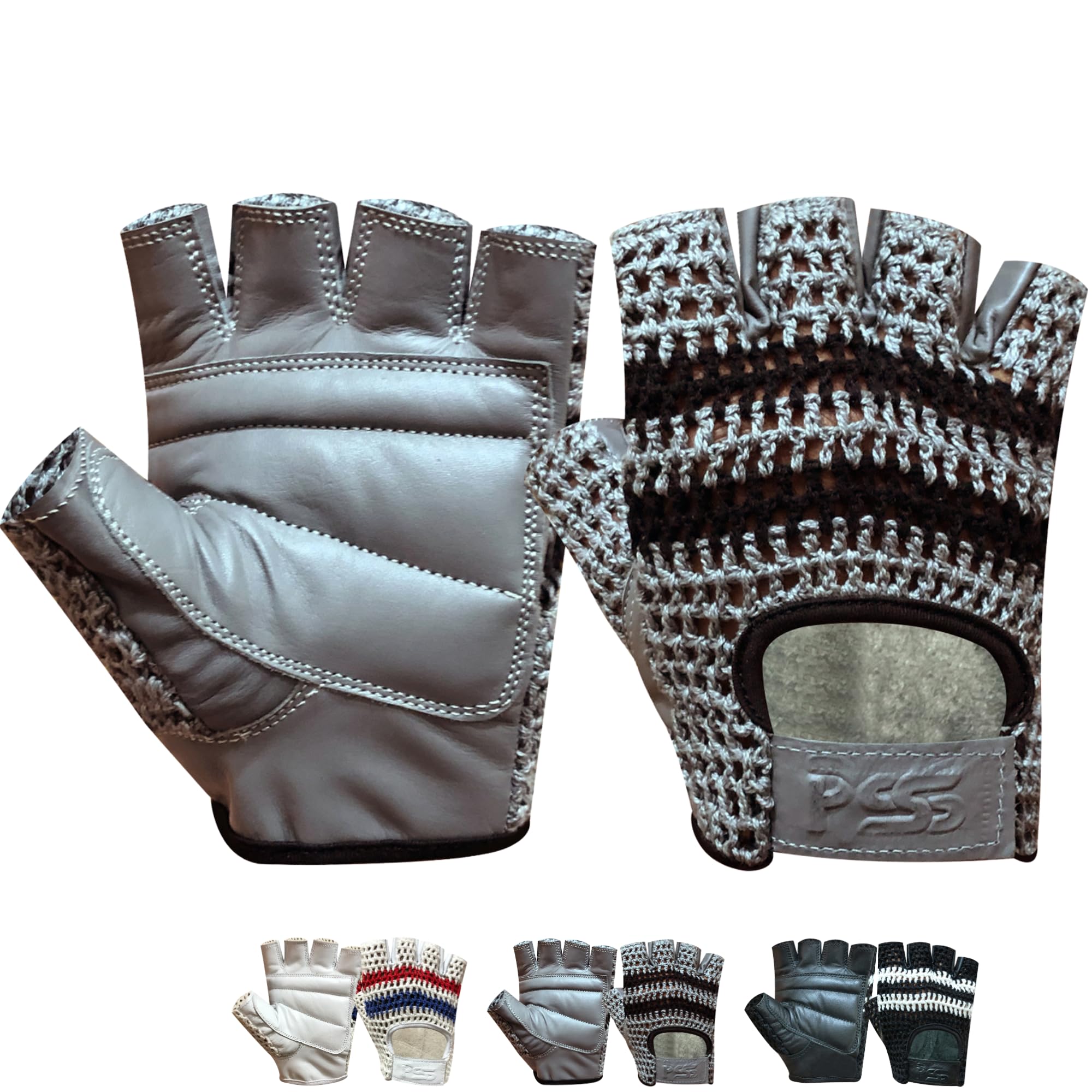 PSS Ultimate and Comfortable Real COW Hide Leather Padded Gloves for Gym, Fitness, Weightlifting, Body Building, Workout, Training Comes With Off White Mesh for Breathability 407 (407 Grey, M)