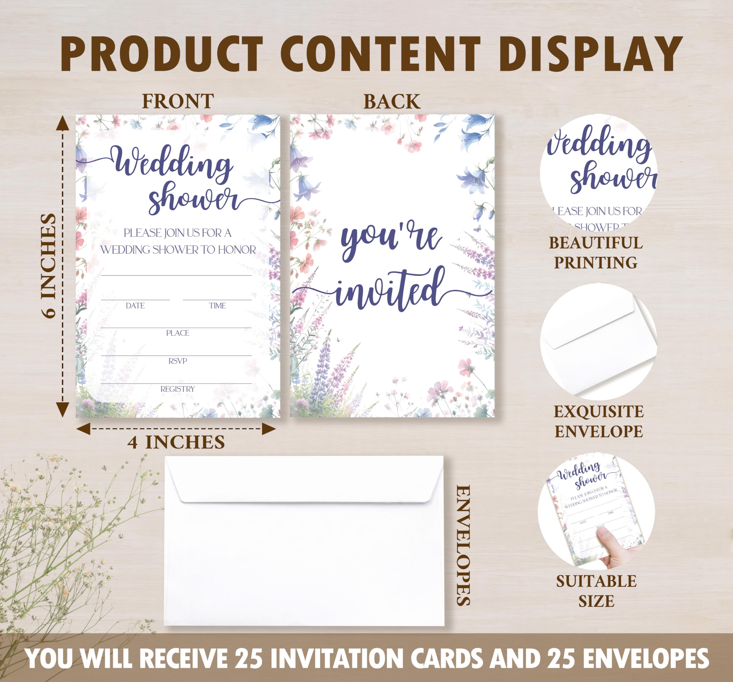 Wildflower Wedding Invitations With Envelopes, Love In Bloom Bridal Shower Invitation, Bridal Shower Invitation For Engagement Bachelorette Party, Set Of 25 -B11