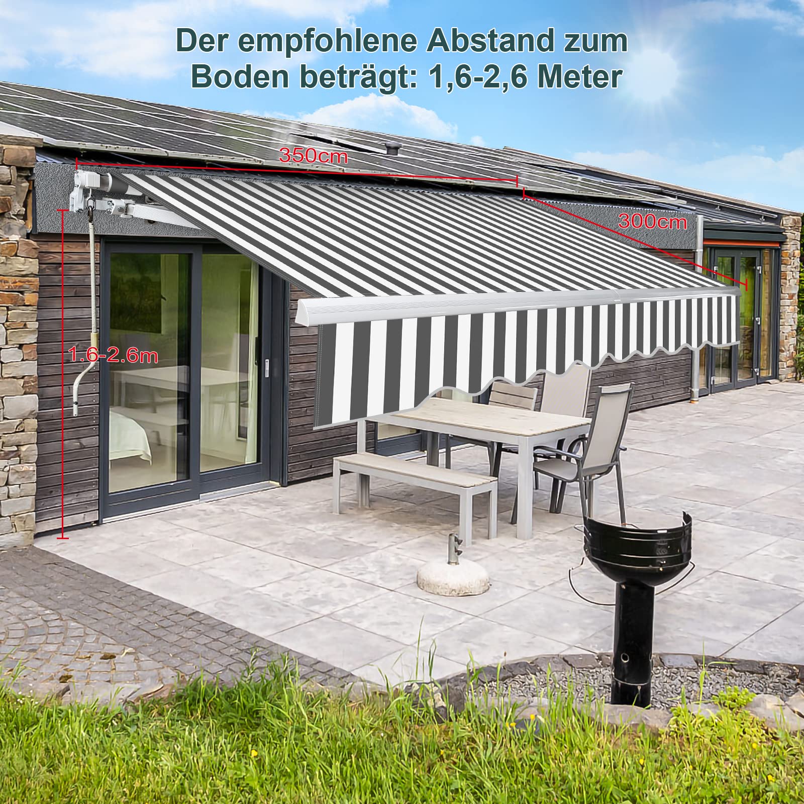 Izrielar Gelenkarmmarkise Markise Sonnenmarkise Nicht-gerade Weiss 350 x 300cm Klemmmarkis mit manueller Kurbel Sonnenschutz mit Volant Markisevolant manuelle Winkel Längeinstellung für Balkon