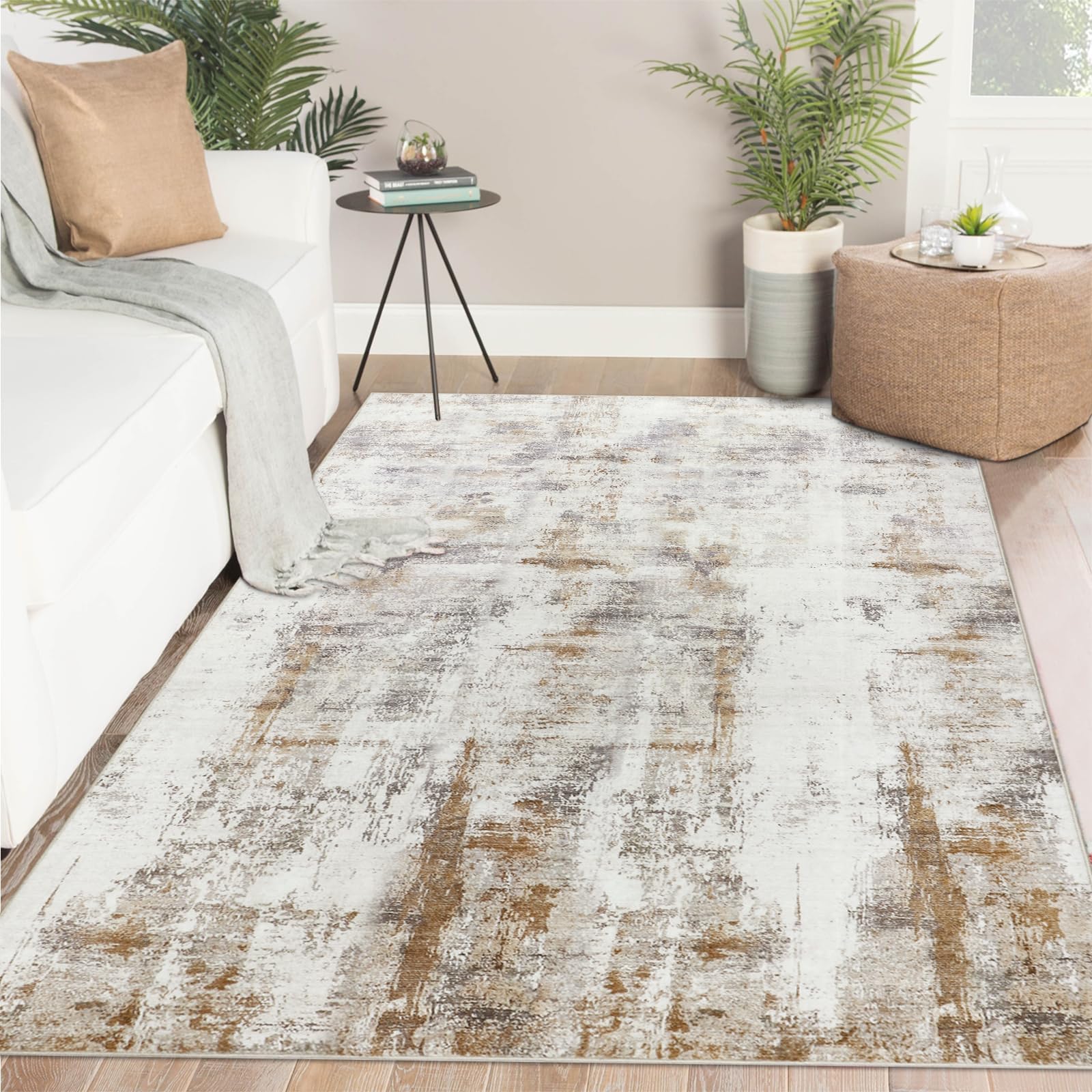 Famibay Rug Living Room Bedroom Washable Beige Brown Modern Abstract Living Room Rug 120 x 170 cm Short Pile Soft Rugs Non-Slip for Living Room Bedroom Dining Room