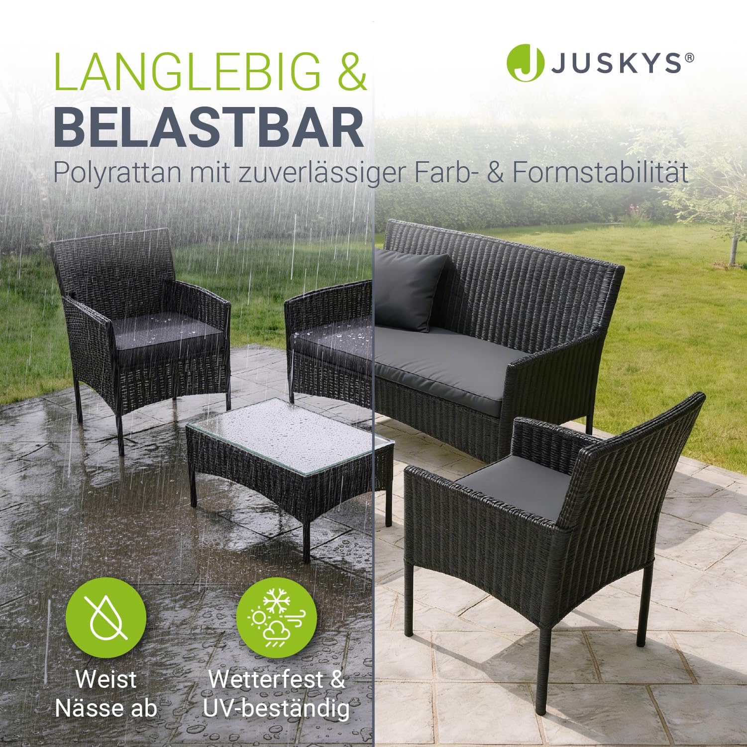 Juskys Polyrattan Sitzgruppe Fort Myers 4 Personen mit 2er Sofa, 2 Stühle, Tisch & Sitzkissen wetterfest schwarz/grau Balkonmöbel Gartenmöbel Set