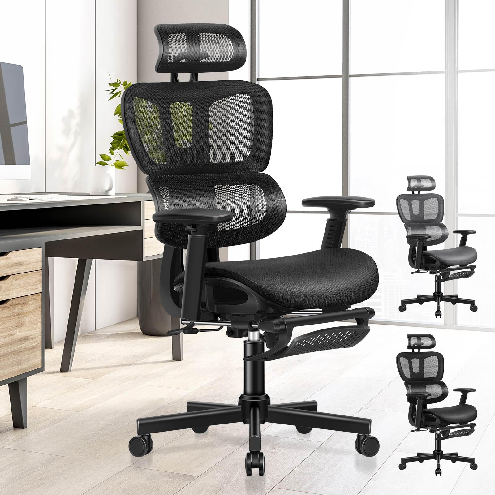 ALFORDSON Bürostuhl Mesh Chefsessel Ergonomischer Schreibtischstuhl, verstellbare Kopfstütze Höhenverstellung, hoher Rückenlehne Netzstuhl Verstellbarer Armlehne,Besprechungsstuhl, bis 180 kg,Schwarz