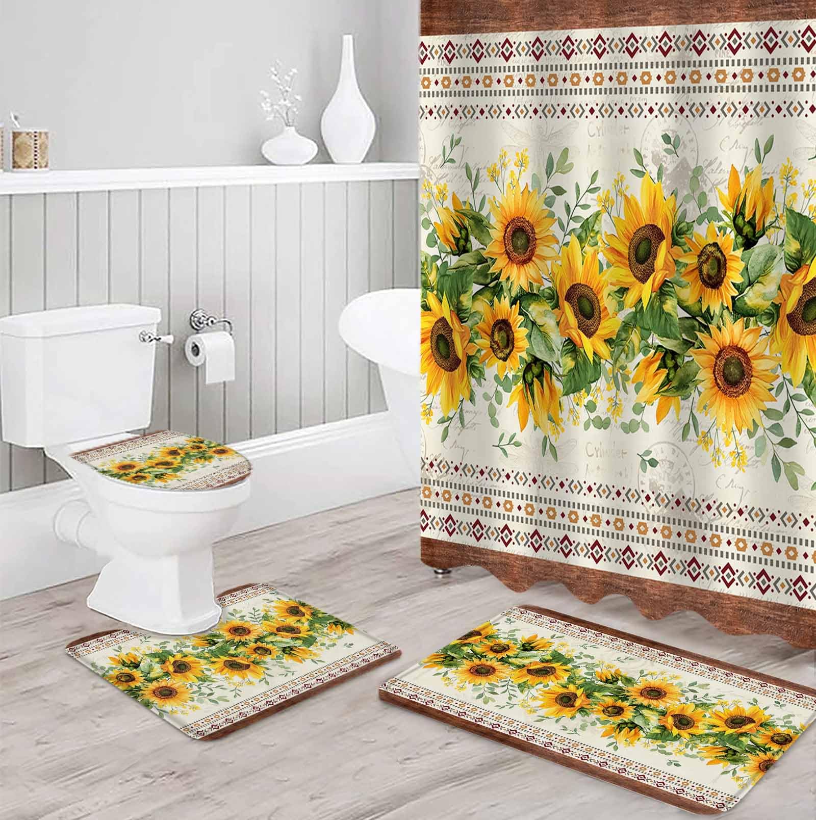 Sunflower Brown Bathroom Set with Shower Curtain and Rug Accessories - 36x72 Inches Long Retro Southwest Country Plant Leaf Floral Stall Curtain Waterproof with Large Bath Mat,Washable Runner Rug Set