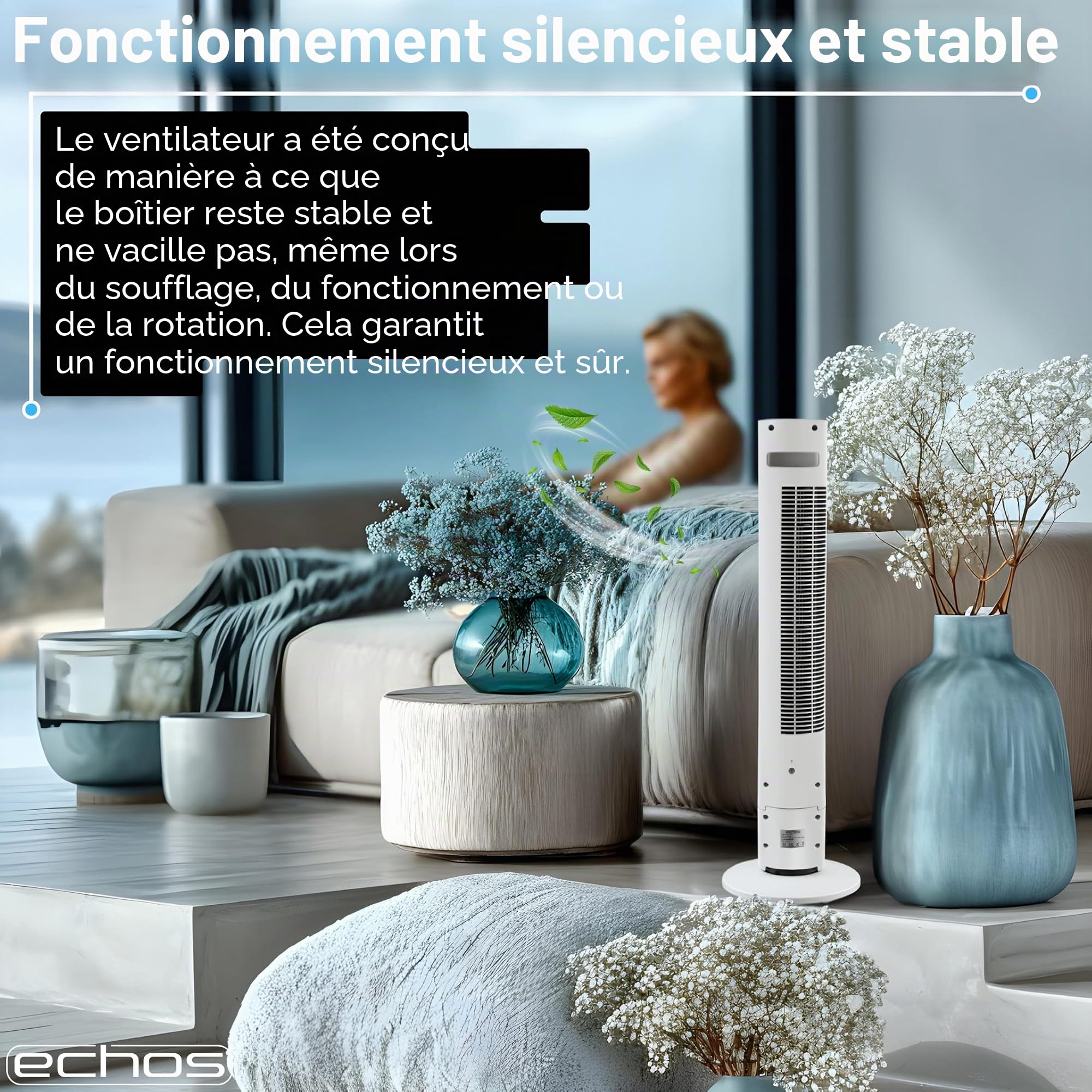 Echos Ventilateur tour très silencieux - Télécommande - Oscillant - Écran LED - 3 niveaux - Ventilateur colonne - Ventilateur sur pied - Refroidisseur d'air - Minuterie 12 h