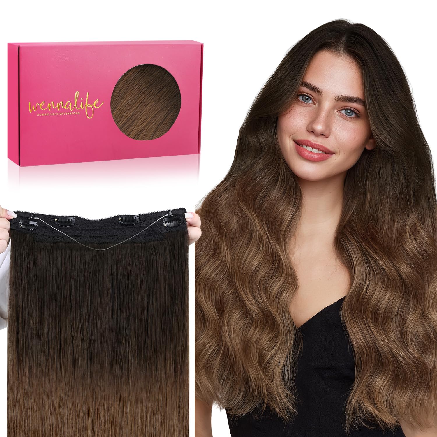 WENNALIFE Wire Hair Extensions (Increase 50% Lifespan) Real Human Hair 14 inch 75g Balayage Dark Brown to Chestnut Remy Invisible Transparent Fish Line — view 39