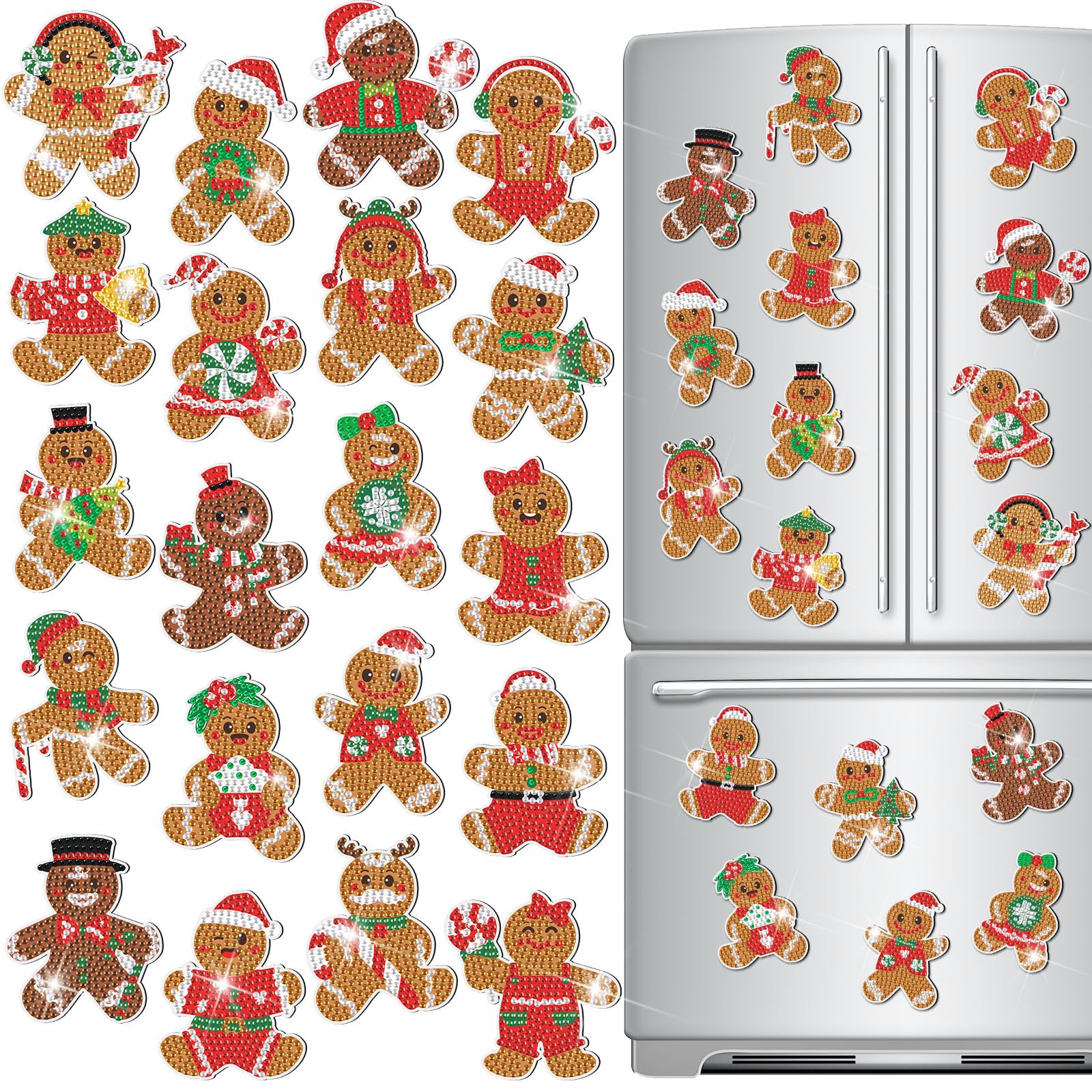 Zonon 20 Pcs Christmas Diamond Art Magnets Kits Gingerbread Man Diamond Painting Magnets DIY Gem Art Refrigerator Magnetic Stickers for Adults Xmas