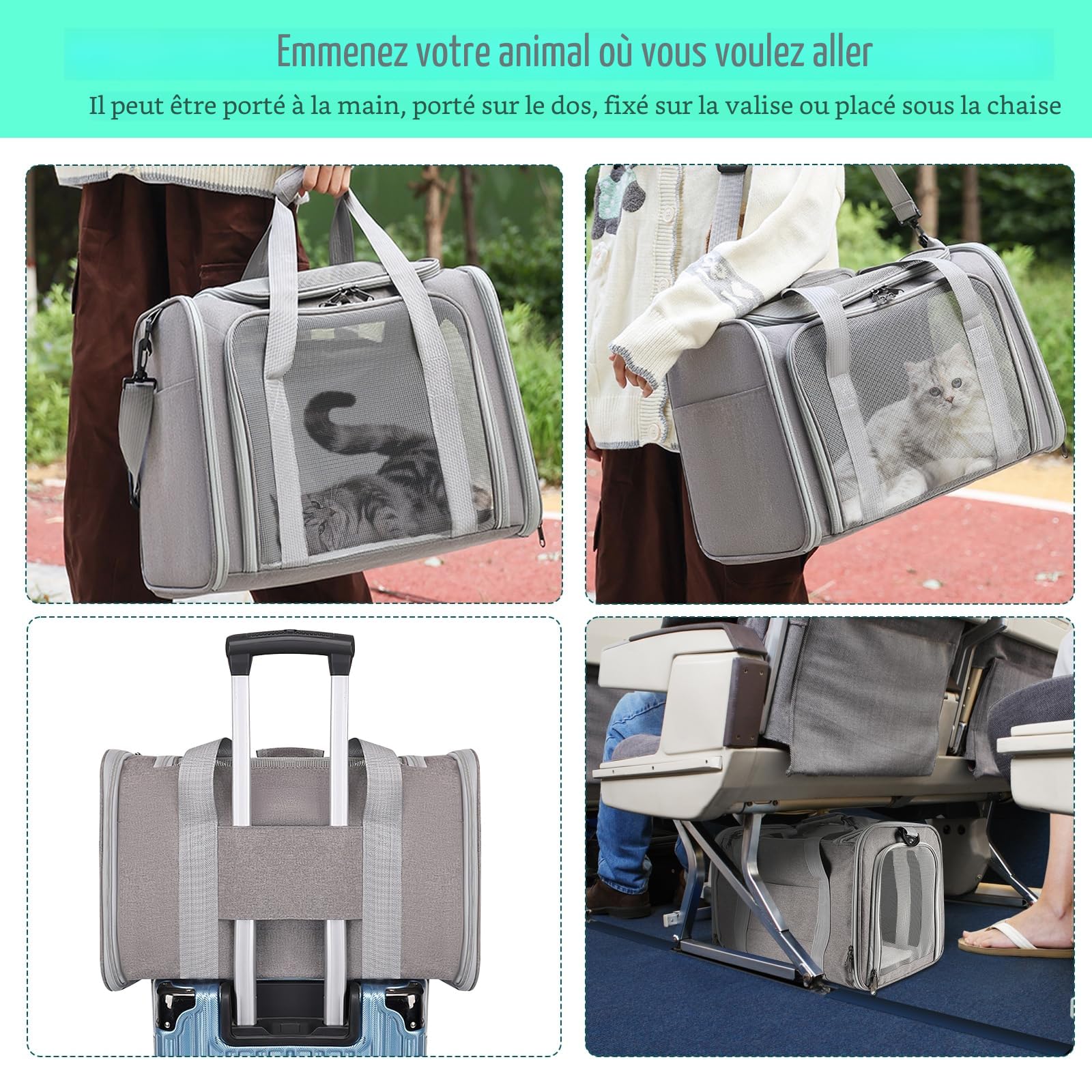 Sprifityy Sac de Transport pour Chat d'Extérieur Pliable et Respirant, Caisse Avec Matelas Souple pour Chat et Chien, Voyage en Train/Voiture (Gris, 45x30x30 cm)