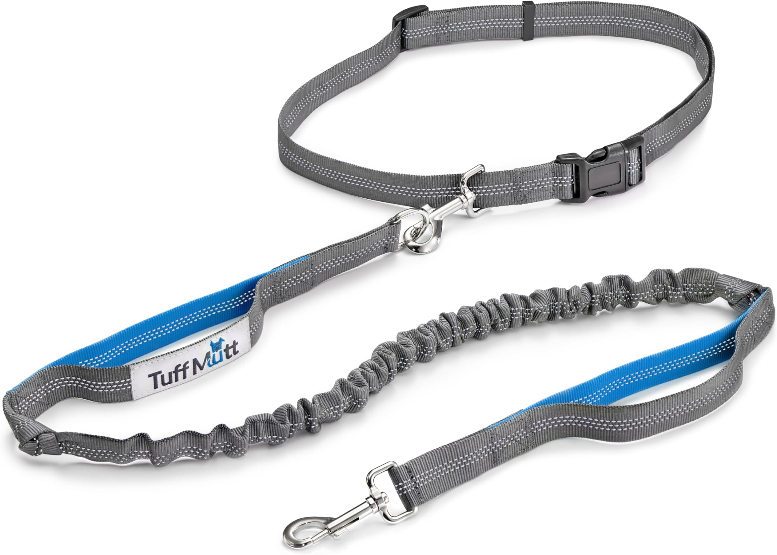 Tuff Mutt - Hands Free Dog Leash for Running, Walking, Hiking, Durable Dual-Handle Bungee Leash, Reflective Stitching, 4-Foot Long, Adjustable Waist Belt (Fits up to 42" waist)