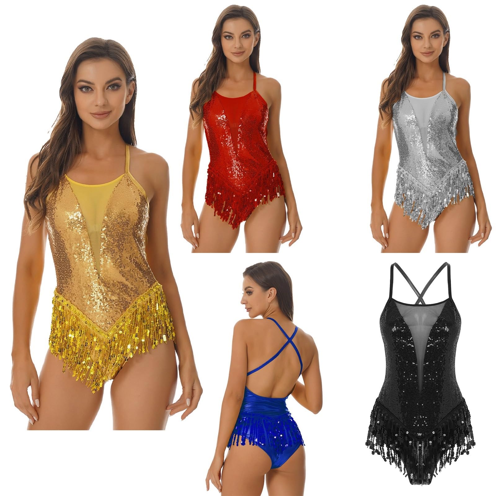 Abbigliamento da Ballo Latino Abito da Ballo Latino Donna Paillettes con Frange Costume da Tango Abito da Competizione Professionale Samba Cha-cha Abito da Spettacolo teatrale(Gold,M)