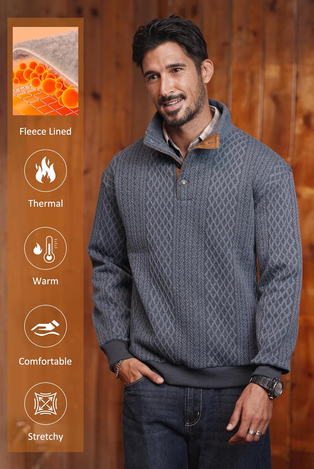 Men's Textured Thermal Sweatshirt Heavyweight Fleece Lined Pullover with Elbow Patches (S-XXL) - Image 5