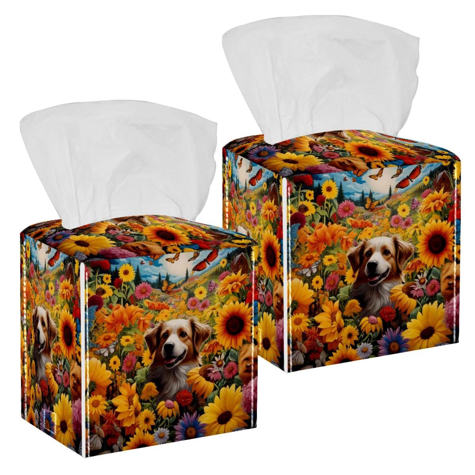 Dog Among Sunflower Butterflies Tissue Box Cover, 2 Pack PU Leather Square Facial Tissue Dispenser Box holder for Home Office Car